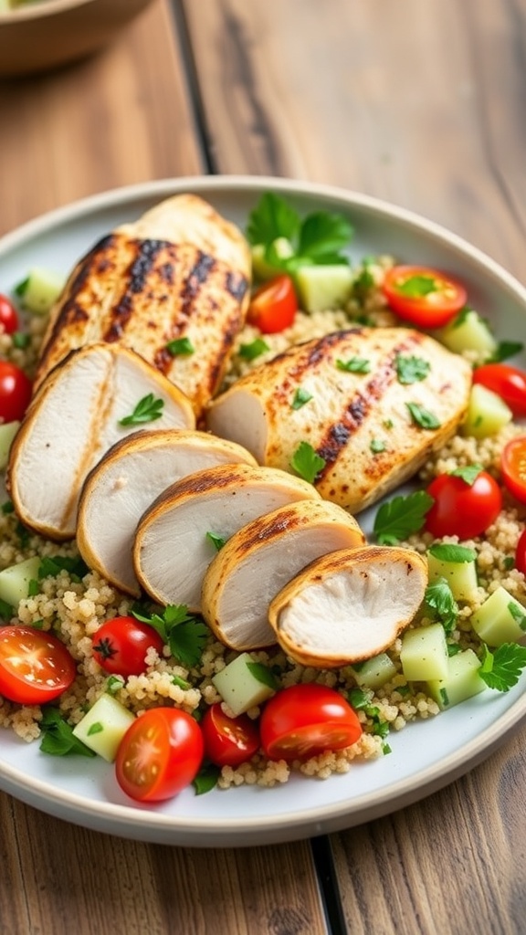 Grilled harissa-yogurt chicken on quinoa salad with cucumbers and tomatoes, served on a rustic table.